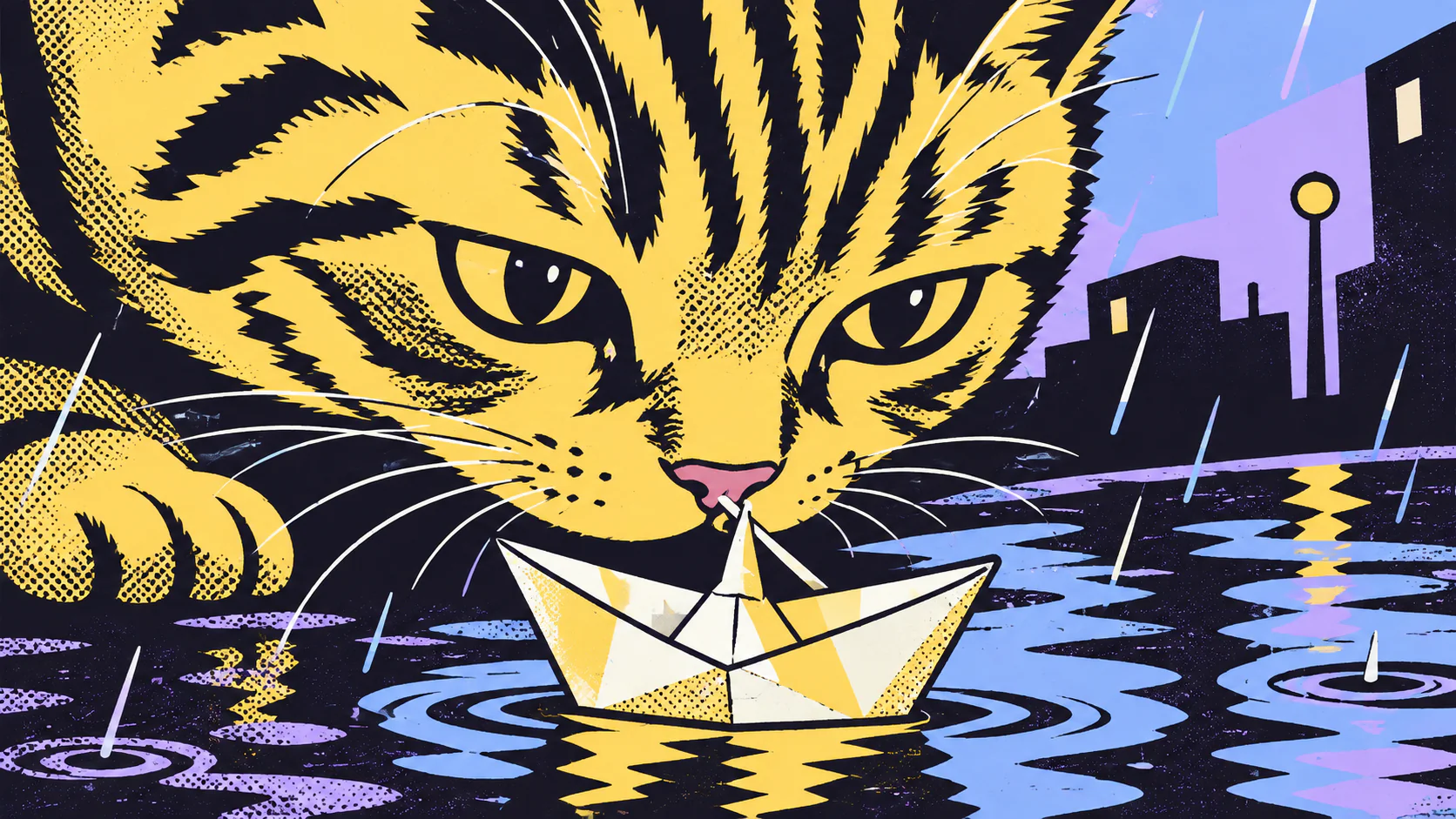 The last storyboard frame becomes a full-color shot of the cat and the paper boat