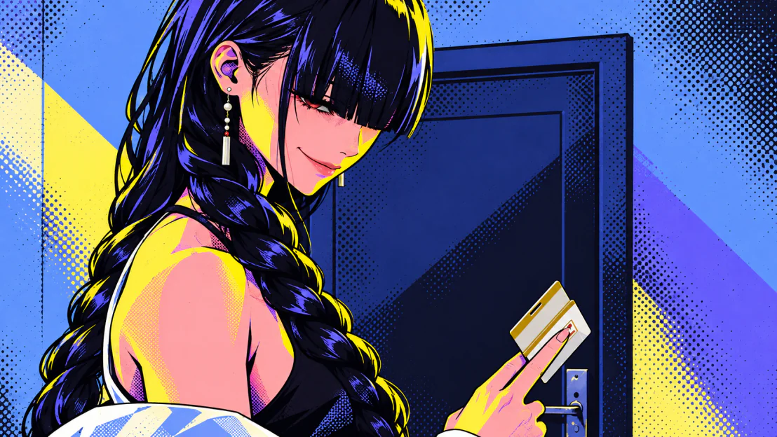 Neo illustration: a braided-haired character holding up a keycard at a door