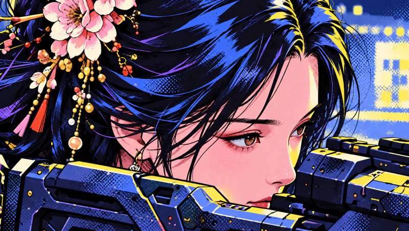 Neo character reference: a close-up of a dark-haired character with floral ornaments and a mechanical sight