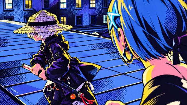 Neo shot illustration: over a blue-haired character's shoulder, a straw-hat character grips a sword