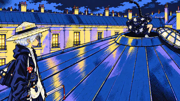 Neo shot illustration: a straw-hat character watches a companion enter a rooftop skylight