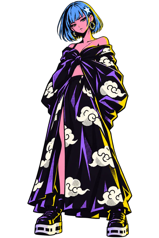 Character setting from the story: blue hair and a black cloud-patterned robe